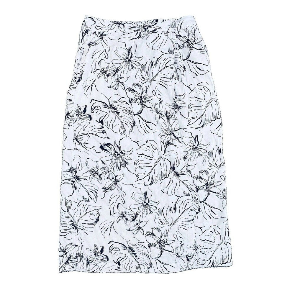 JOIE WRAP MIDI SKIRT SZ MED BLACK TROPICAL FLORAL PRINT LINEN BLEND COASTAL